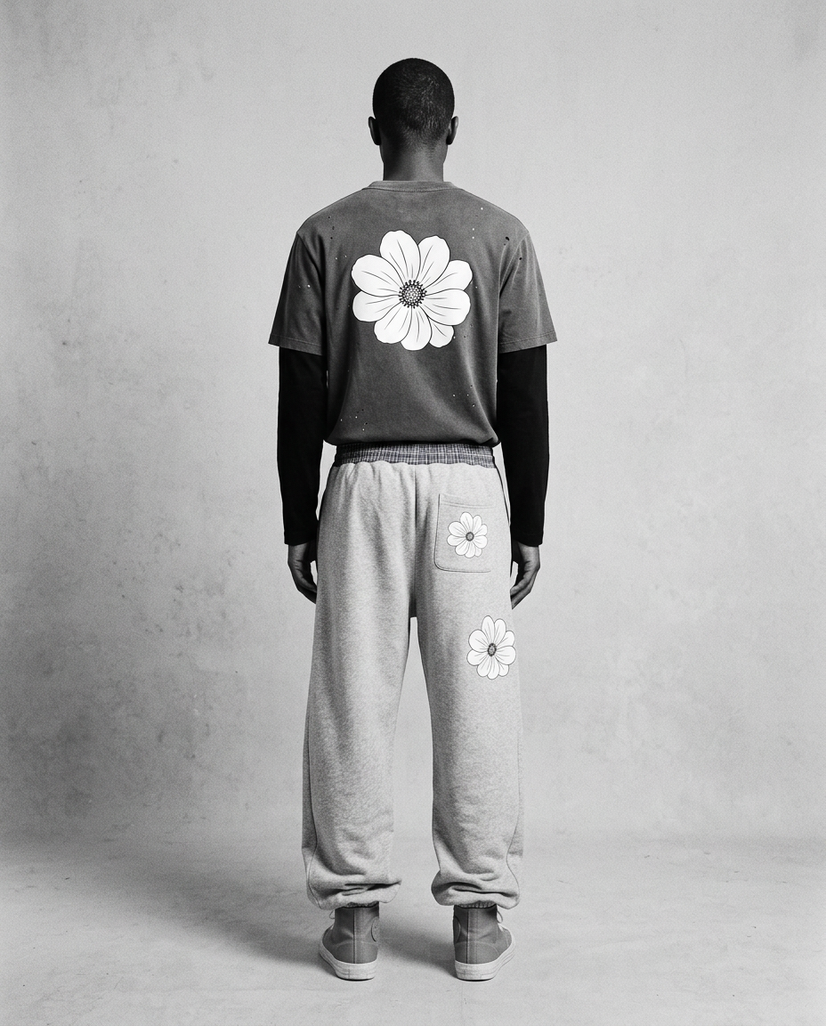 Back view of a model wearing the Archived Thoughts heather grey long-sleeve and bloom plaid pants